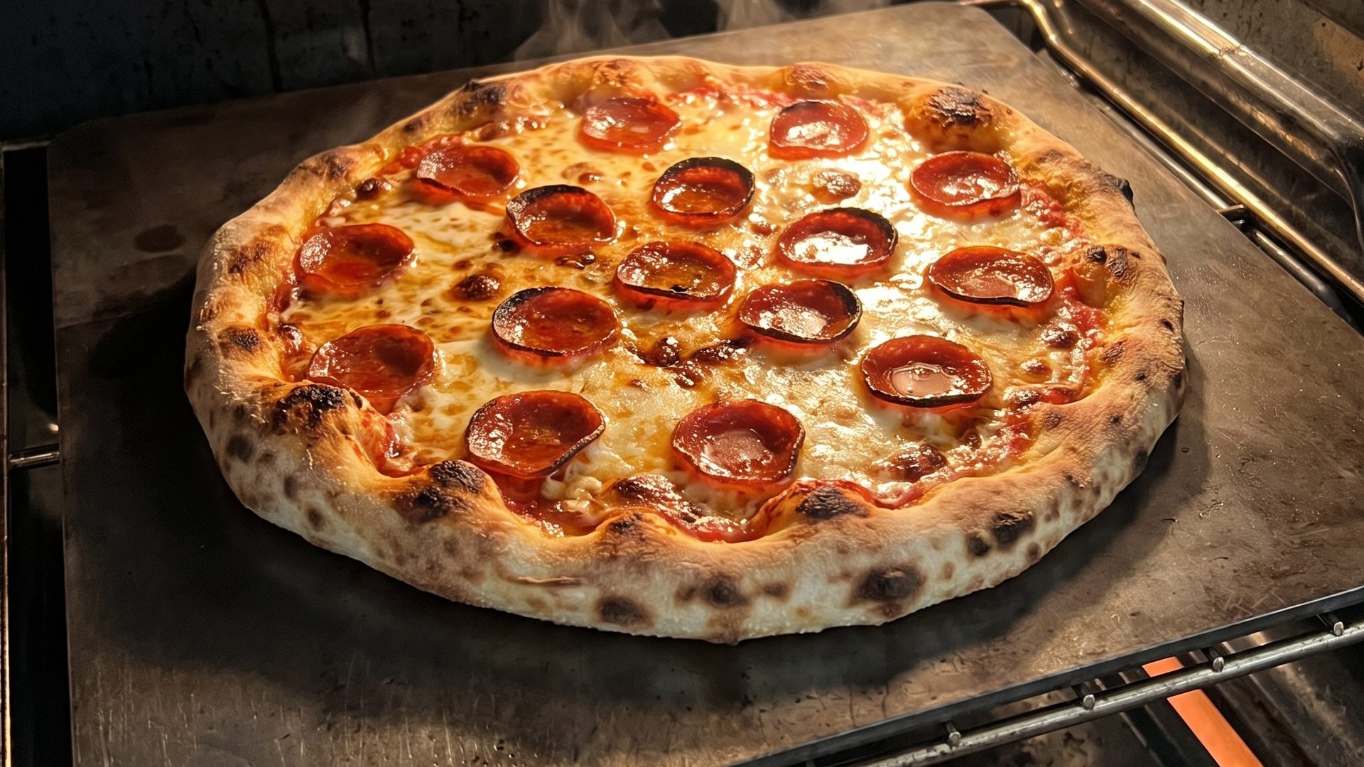 A pepperoni pizza baking on a pizza steel in a home oven
