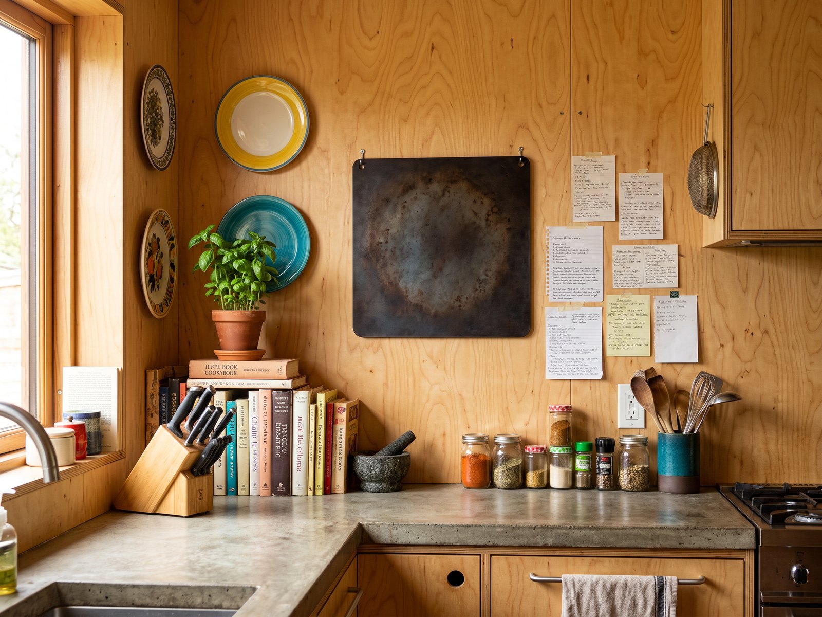 A seasoned pizza steel hanging from two hooks on a plywood kitchen wall, beside handwritten recipe cards