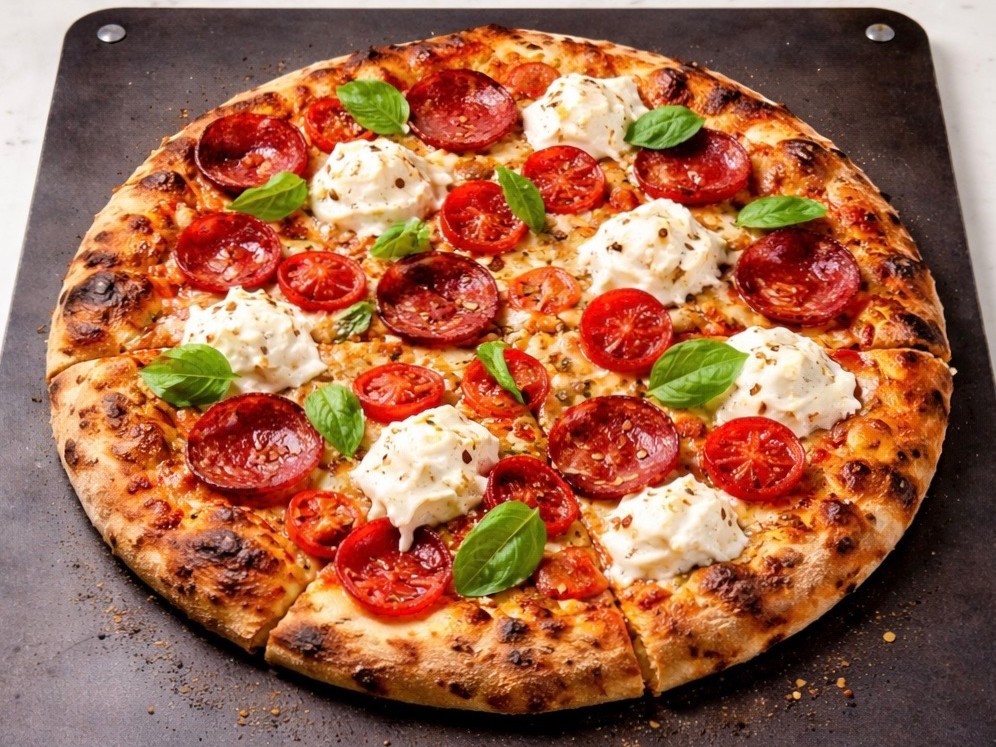 A pepperoni, tomato and burrata pizza baked on a seasoned pizza steel