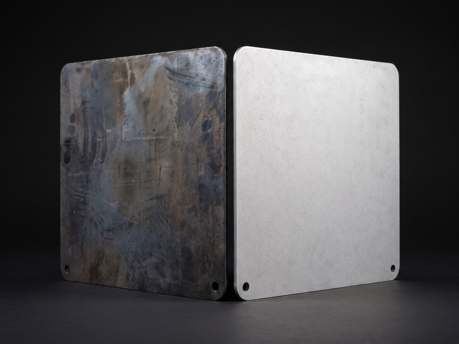 A raw steel plate beside a finished one, showing the surface before and after sandblasting